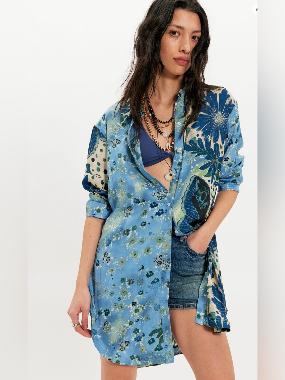 NWT Free People Off The Vine Button Down in Spring Blue Butterfly Combo